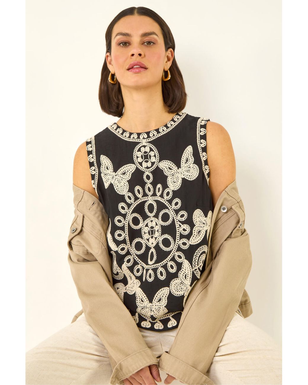 Roman Natural Butterfly Embroidered Vest Top