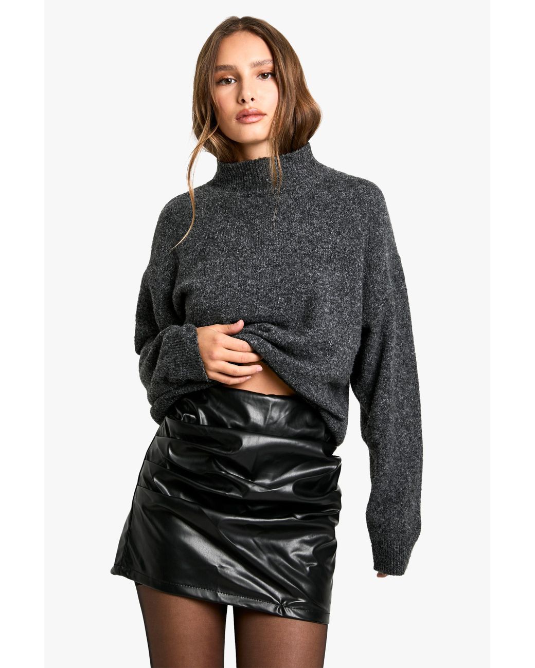 Boohoo Gray Pu Ruched Mini Skirt