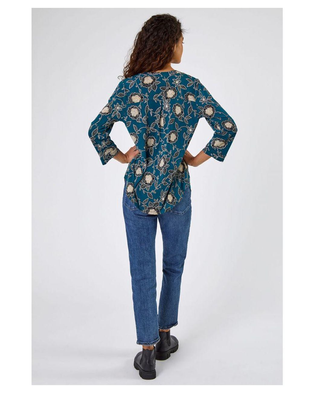 Roman Blue Textured Floral Print Stretch Shirt