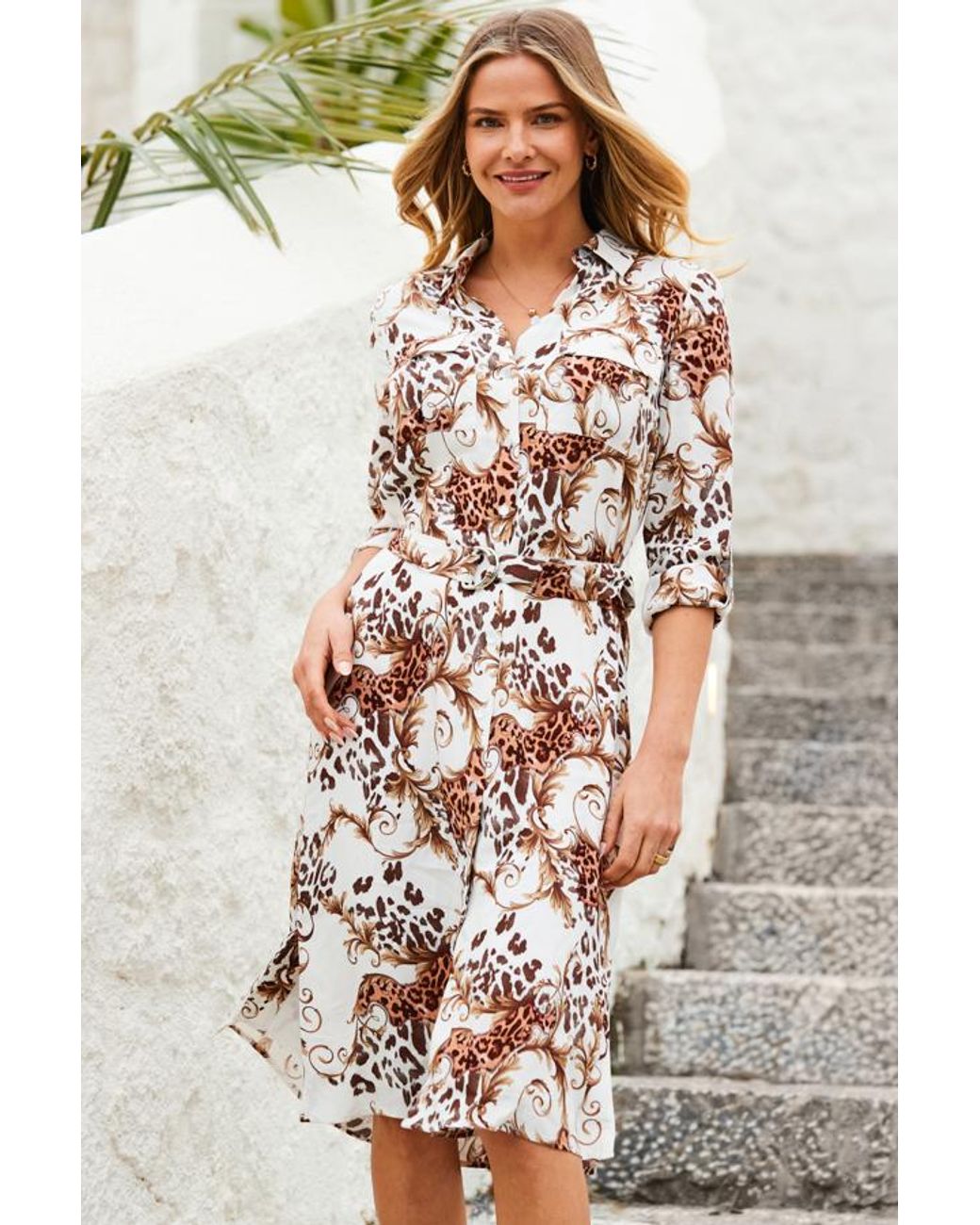 Sosandar White Ivory Multi Print Belted Shirt Dress
