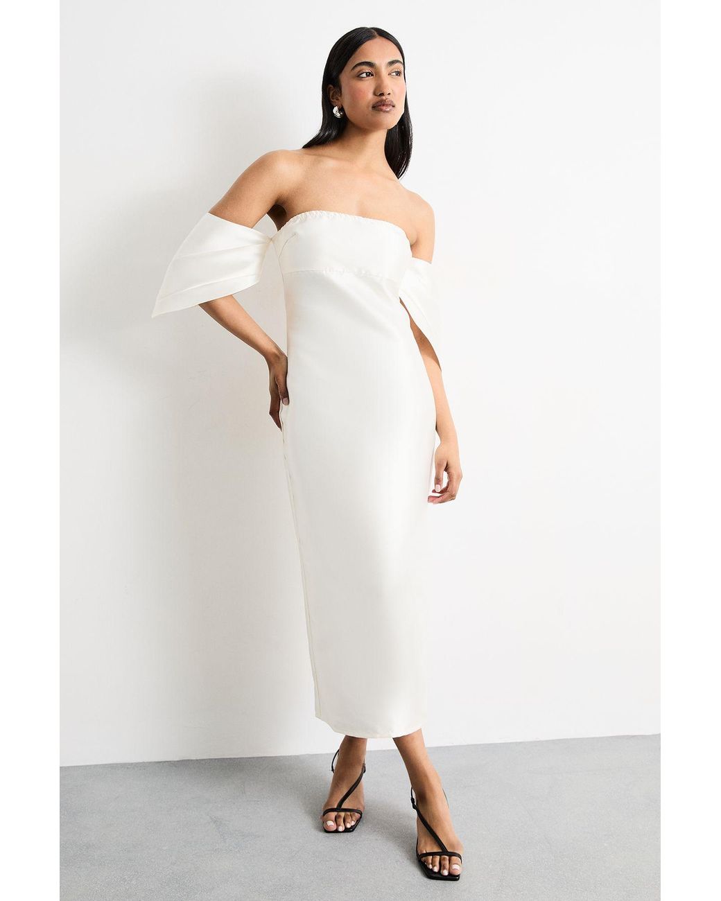 Warehouse Natural Structured Puff Sleeve Bardot Midi Dress