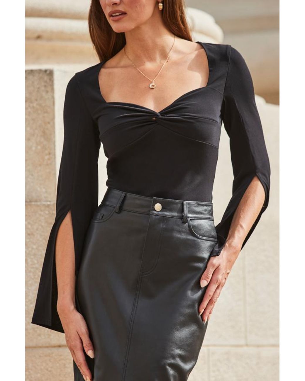 Sosandar Black Twist Front Split Sleeve Jersey Top