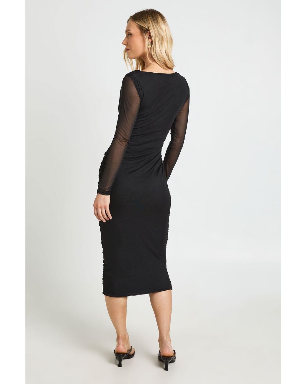 Boohoo Black Petite Square Neck Ruched Mesh Midaxi Dress
