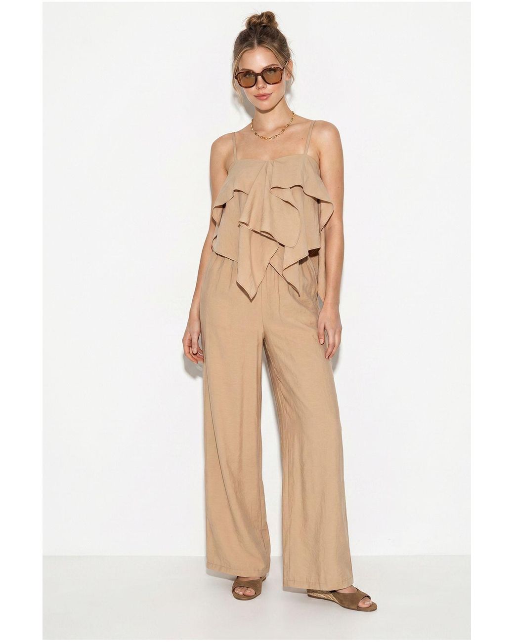 Bianco Lucci Natural Strapless Frilled Blouse And Wide-Leg Trousers Set