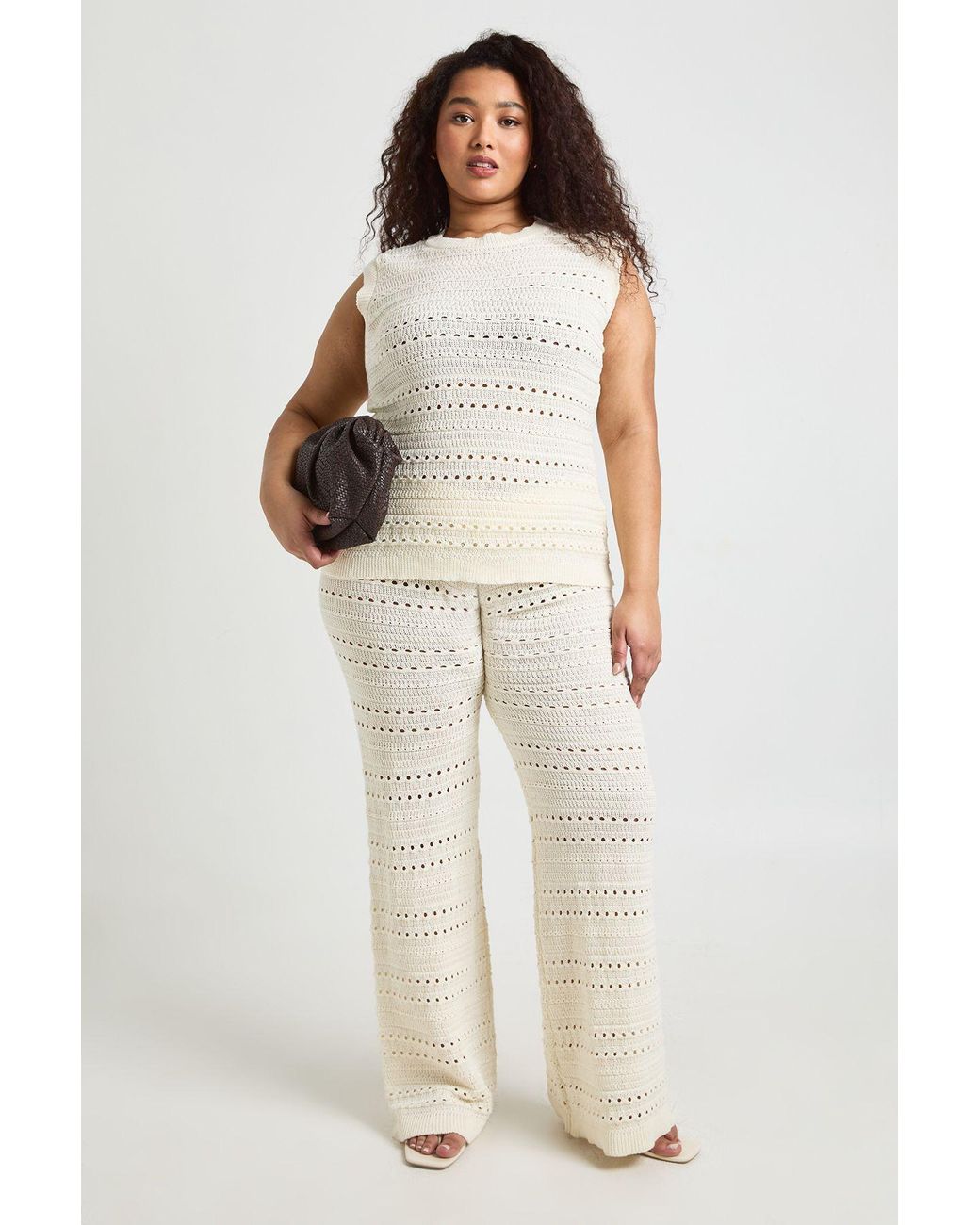 Boohoo Natural Plus Crochet Knit Longline Top And Trouser Co-Ord