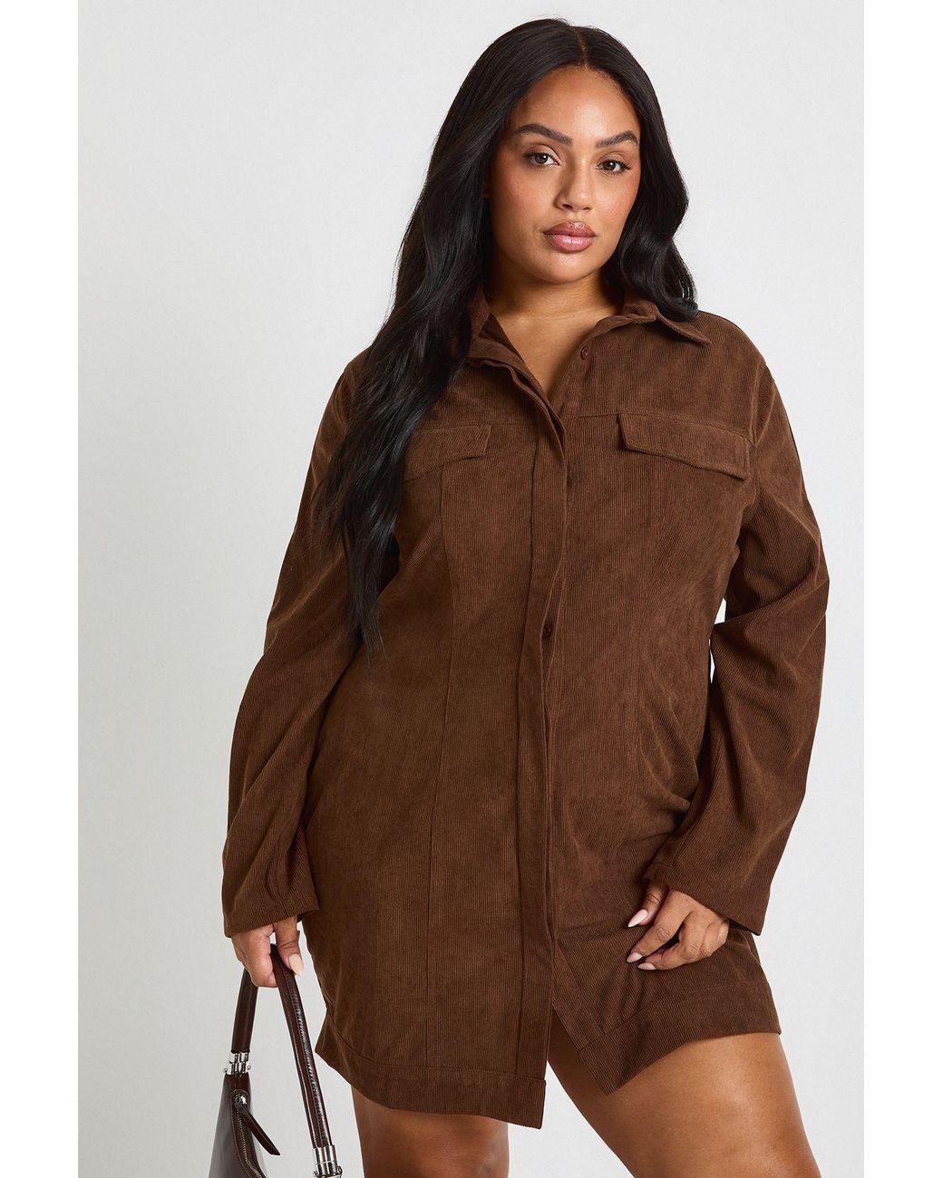 Boohoo Brown Plus Cord Cinched Waist Shirt Dress