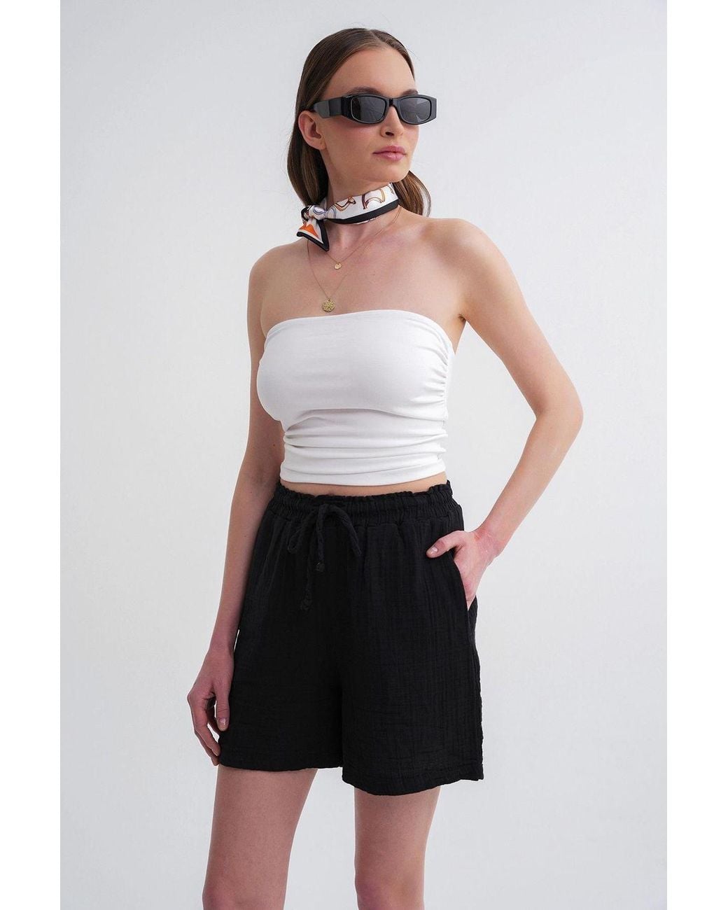 MixRay Black High-Waisted Textured Cotton Shorts