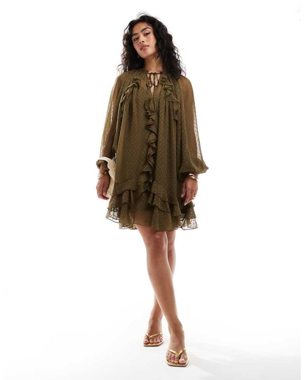 ASOS Natural Dobby Chiffon Mini Dress With Ruffles & Blouson Sleeve