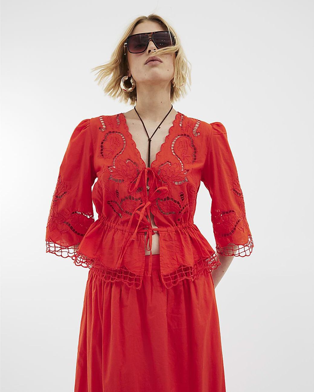 River Island Red Blouse Long Sleeve Cutwork V-Neck Cotton