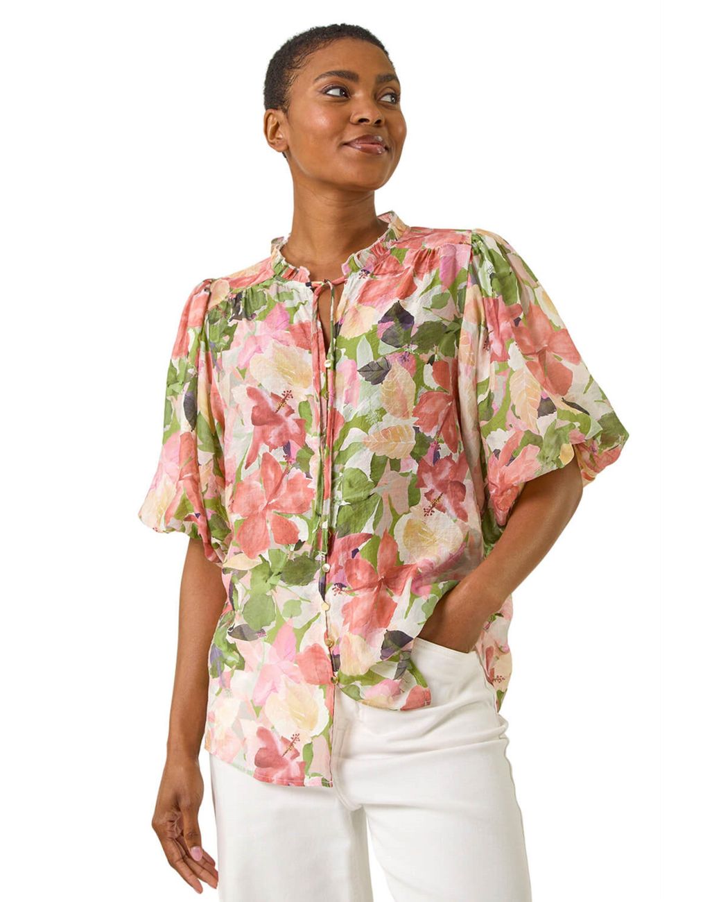 Roman Pink Floral Gathered Blouse