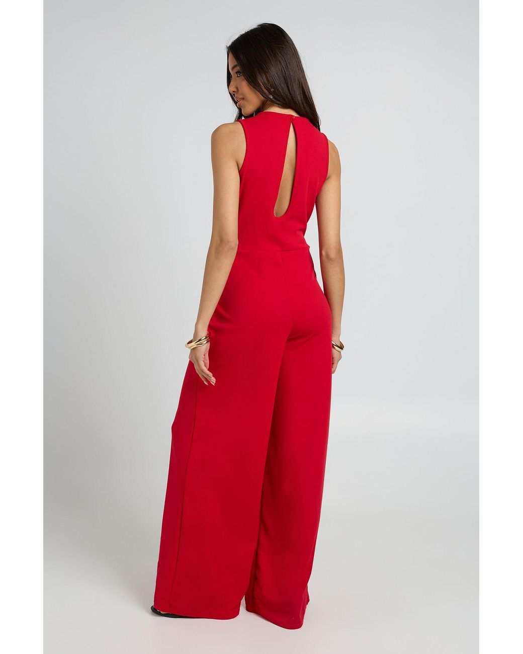 Boohoo Red Belted Trim Detail Wide Leg Jumpsuit