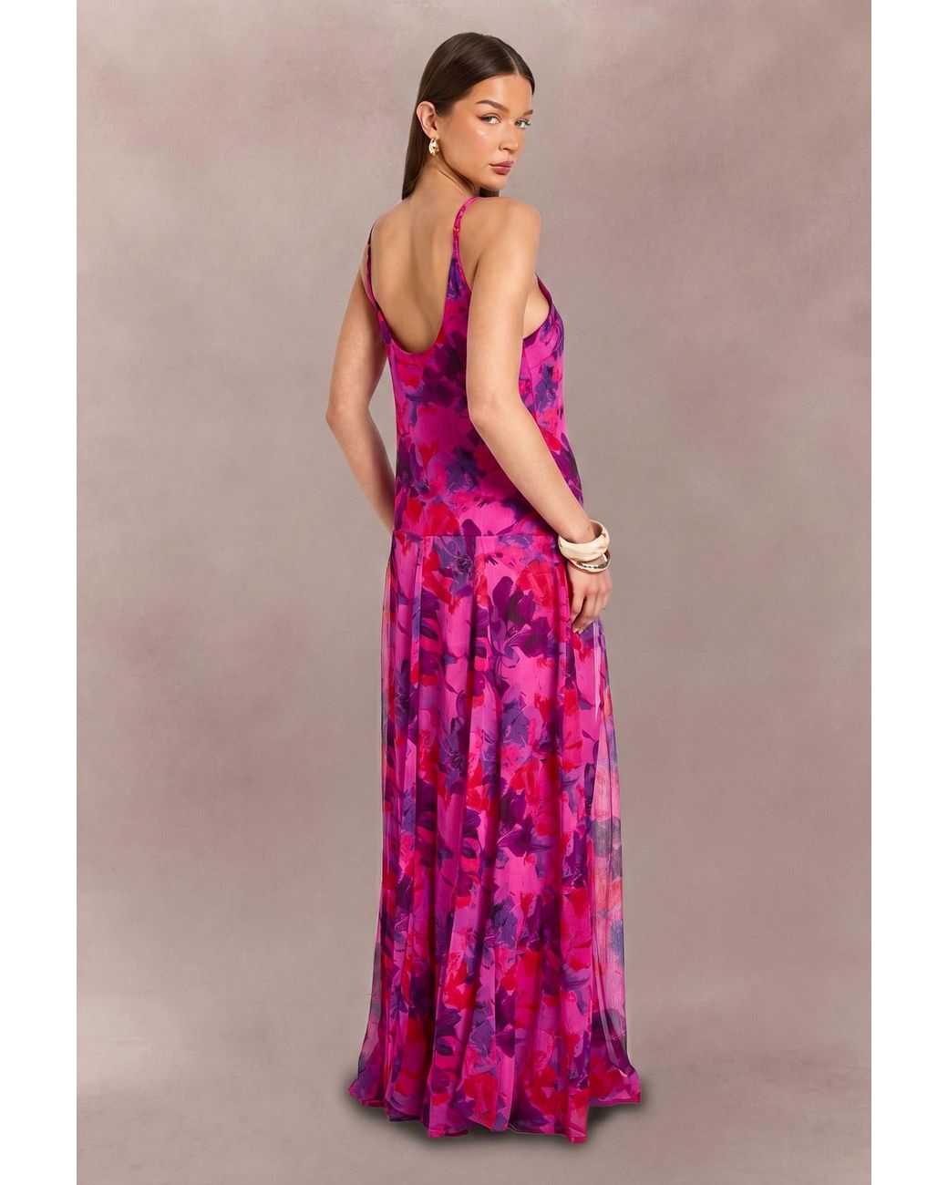 Boohoo Pink Strappy Cami Floor Sweeping Floral Maxi Dress