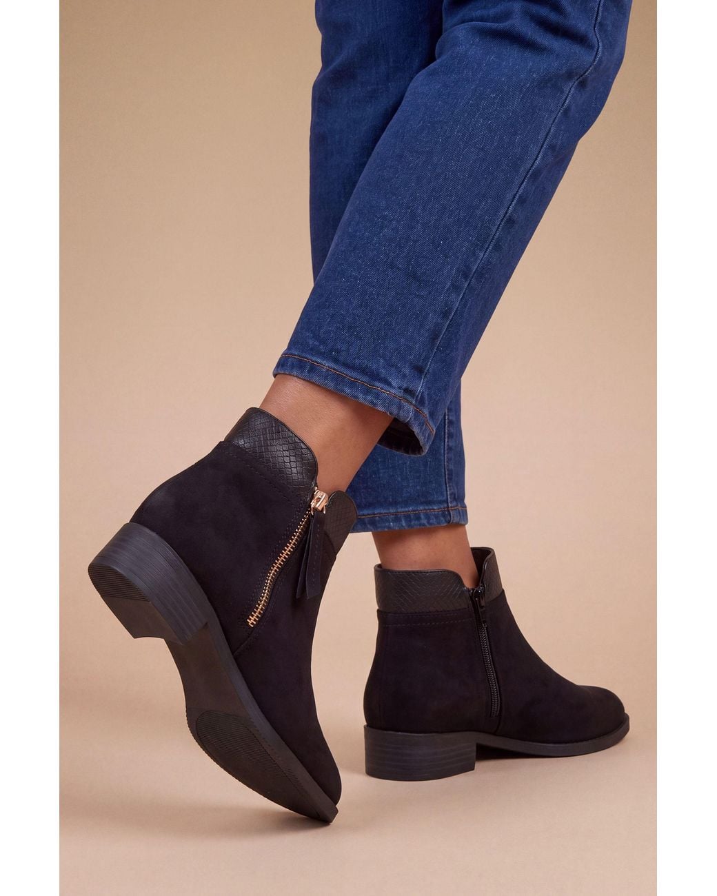 Good for the Sole Blue Extra Wide Fit Mira Material Mix Zip Flat Ankle Boots