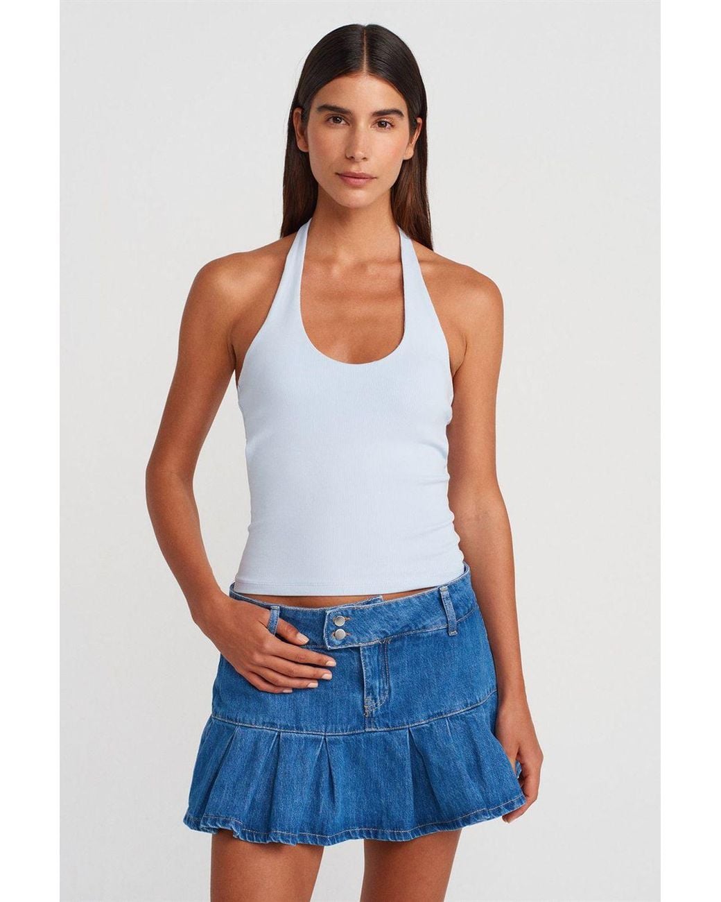 Dilvin White Ribbed Halterneck Sleeveless Blouse