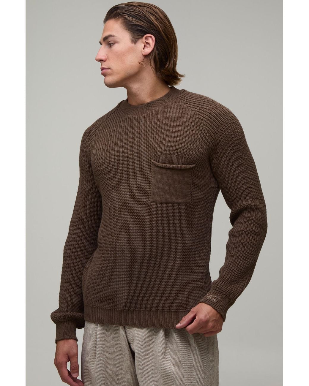 BoohooMAN Brown Regular Fit Raglan Ribbed Knitted Jumper for men