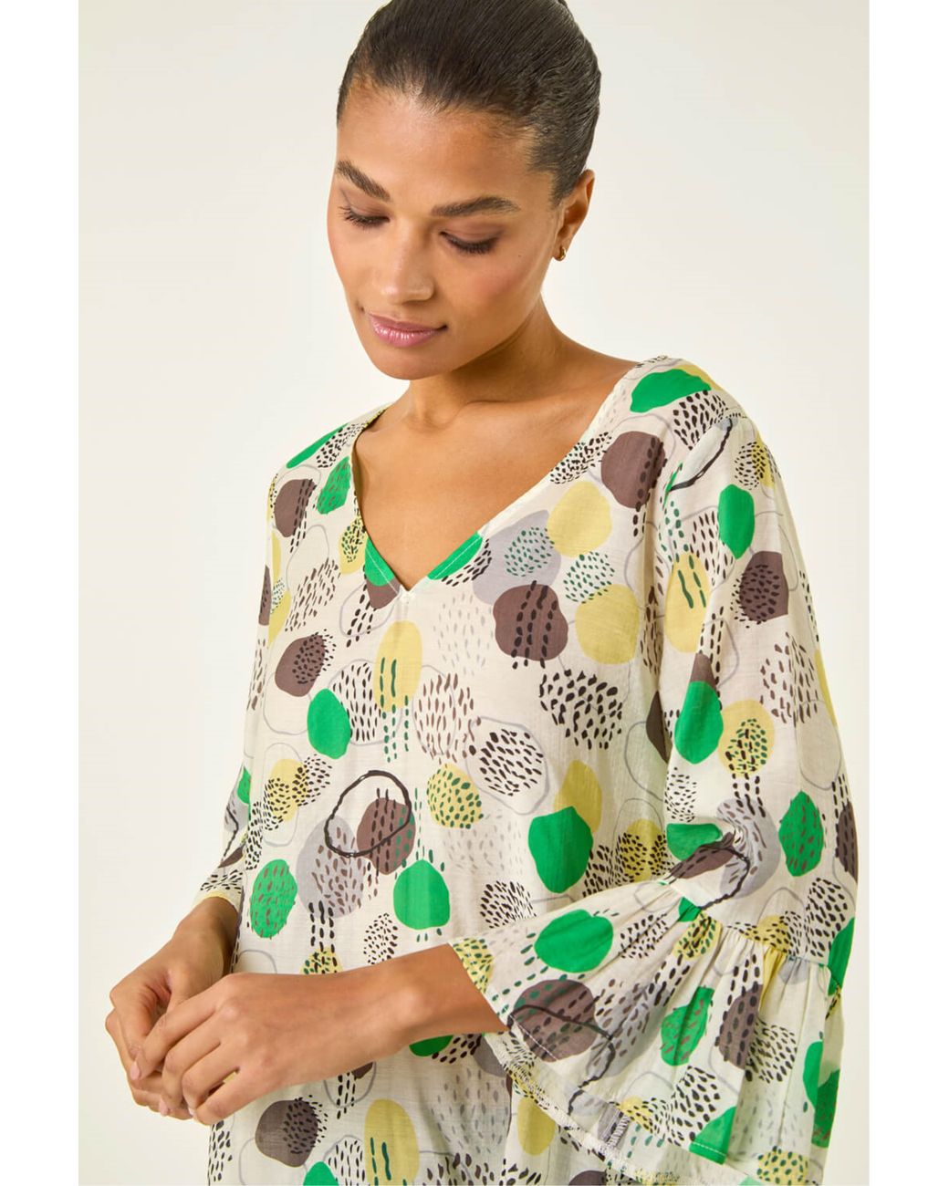 Roman Green Abstract Spot Flare Sleeve Top