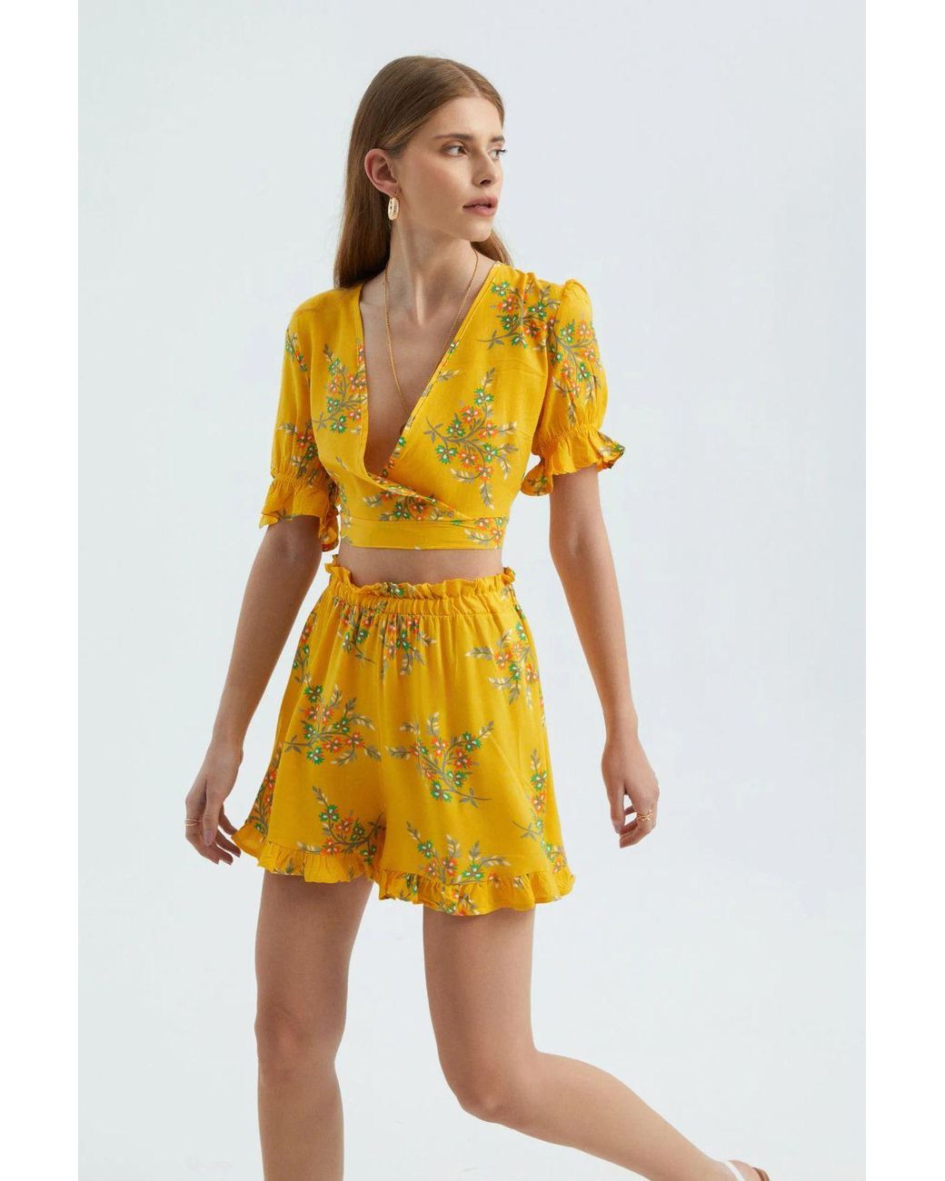 Hiccup Yellow Floral High Waist Elastic Shorts
