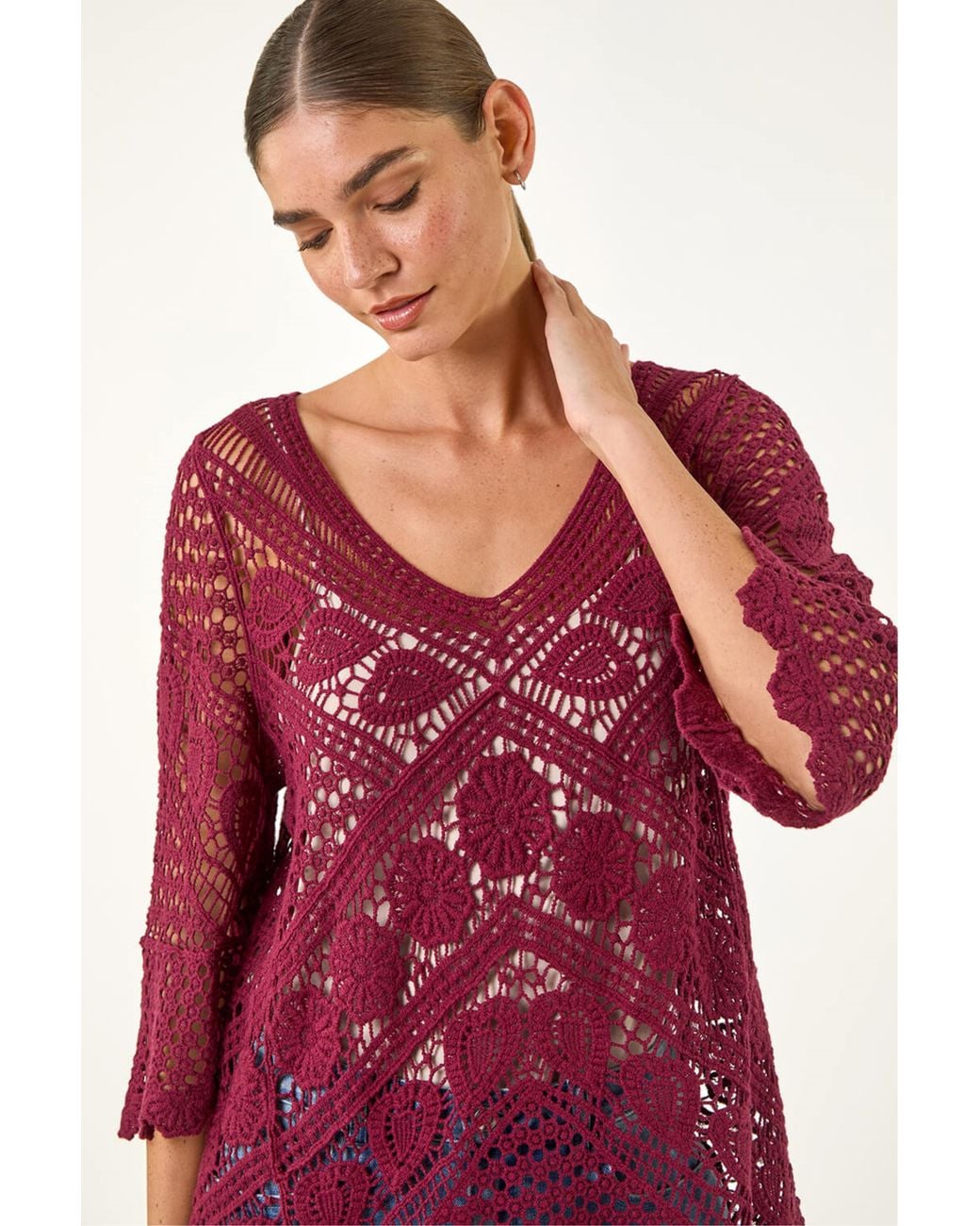 Roman Red Crochet Lace V-Neck Open Knit
