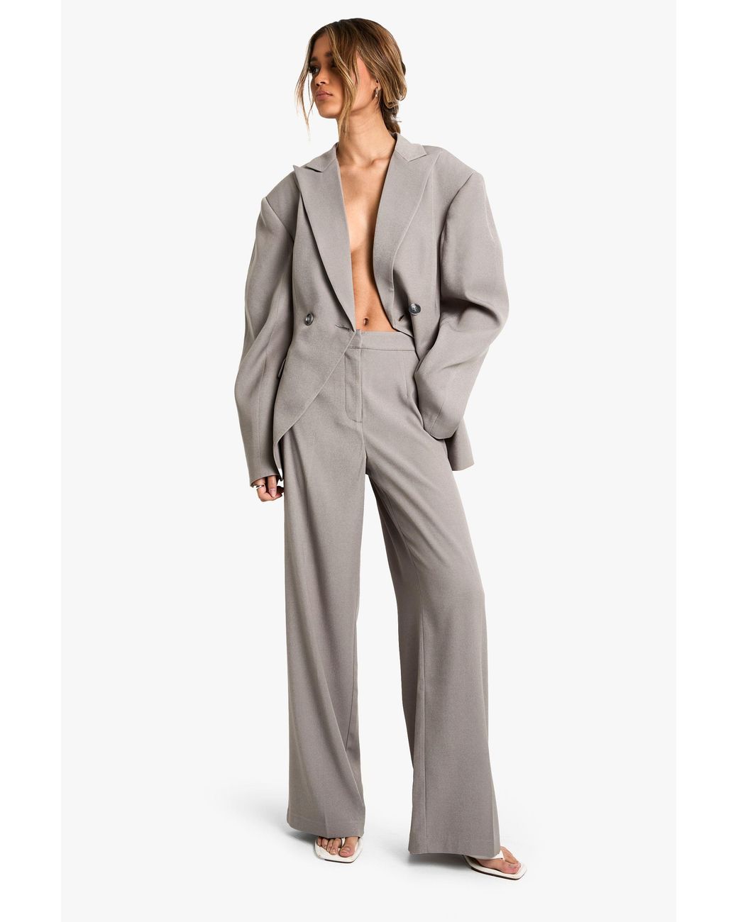 Boohoo Gray Woven Tailored Slim Straight Leg Pants