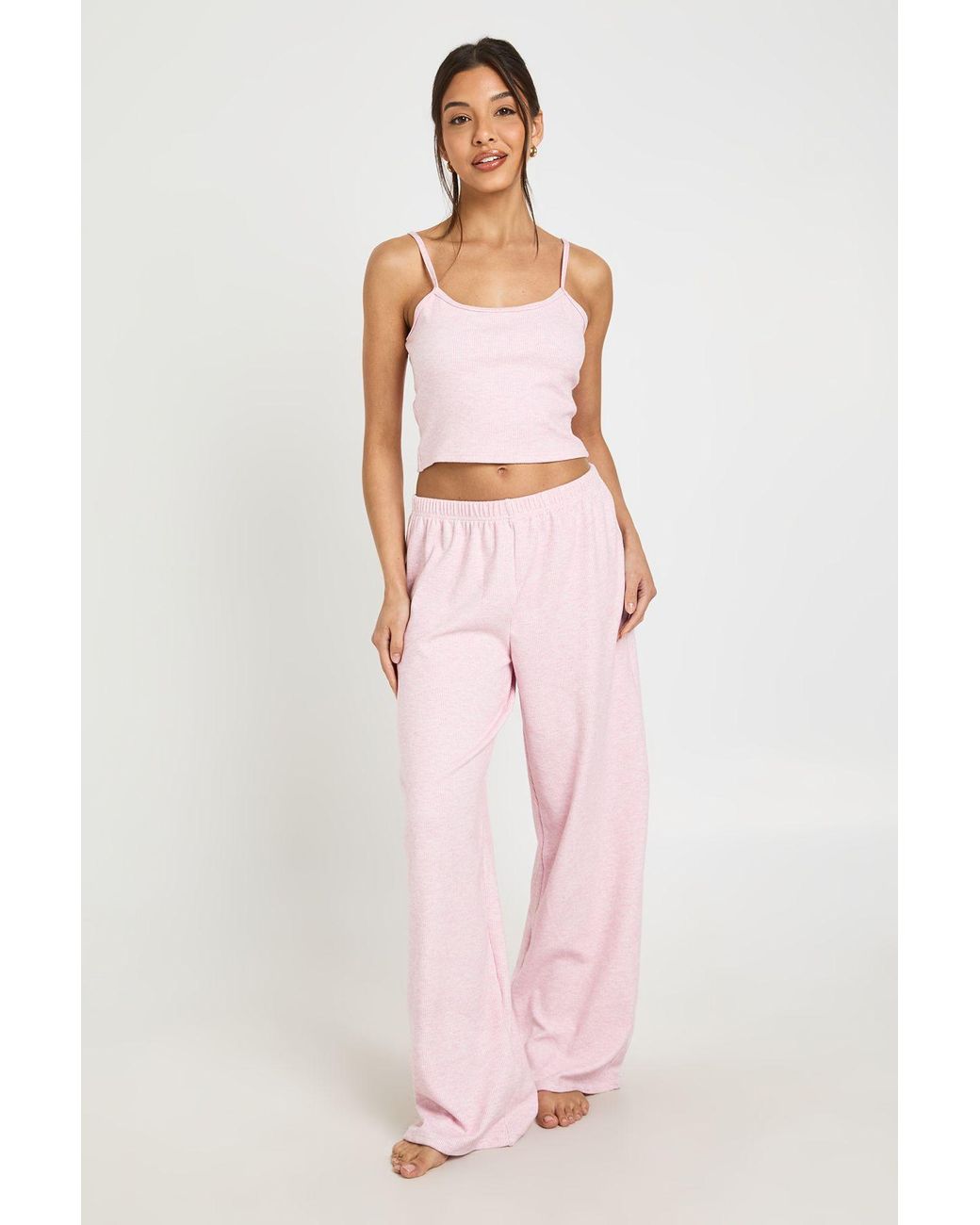 Boohoo Pink Contrast Rib Cami & Trouser Pyjama Set
