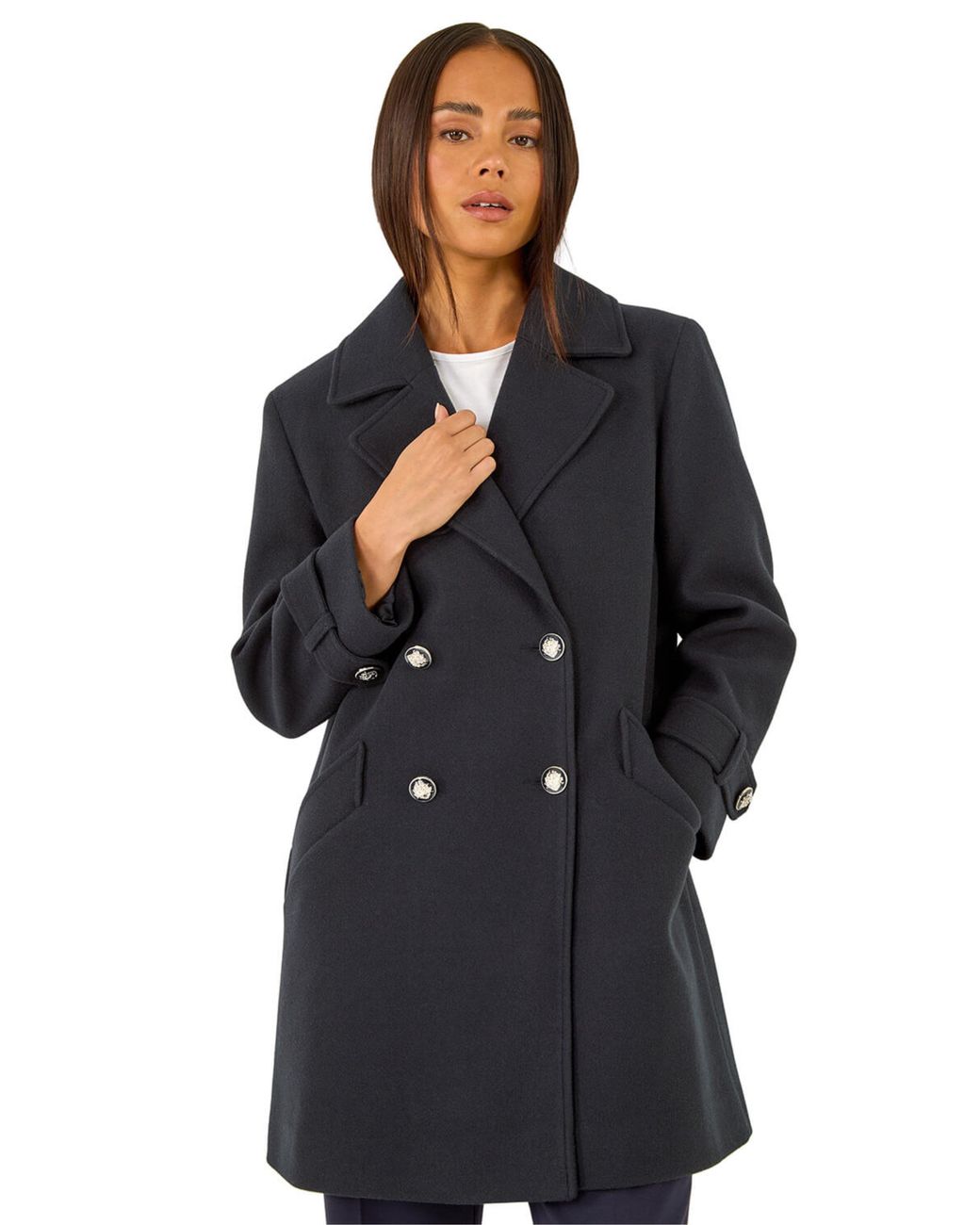 Roman Blue Petite Double Breasted Collared Peacoat