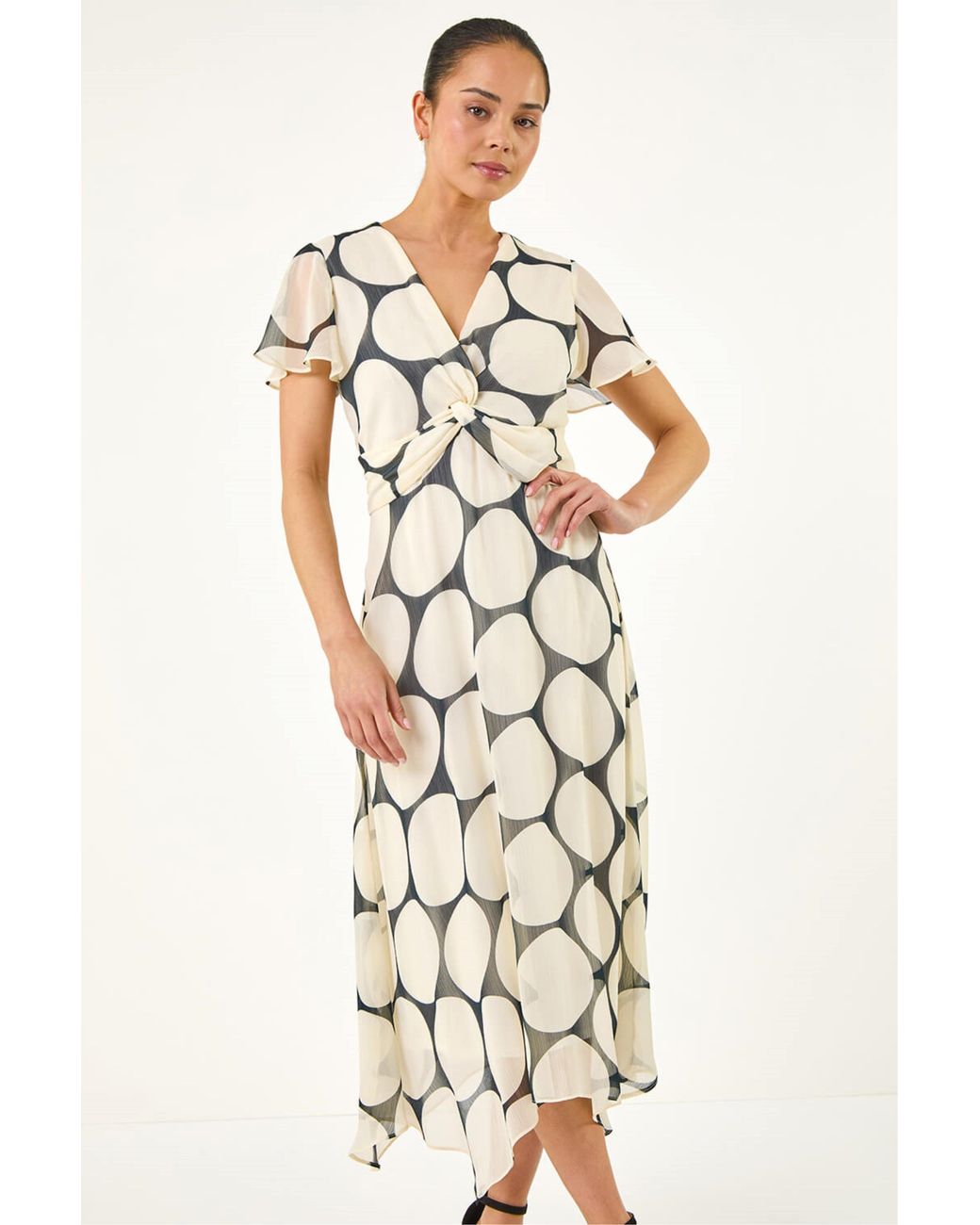 Roman Natural Petite Spot Print Twist Front Dress