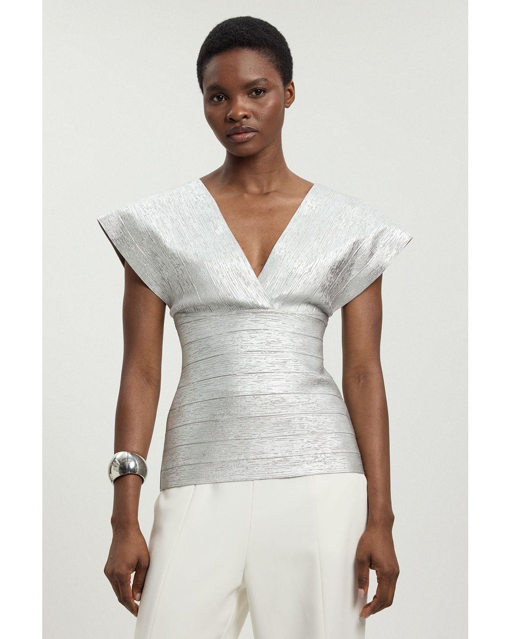 Karen Millen White Foil Metallic Figure Form Bandage Angel Sleeve Top