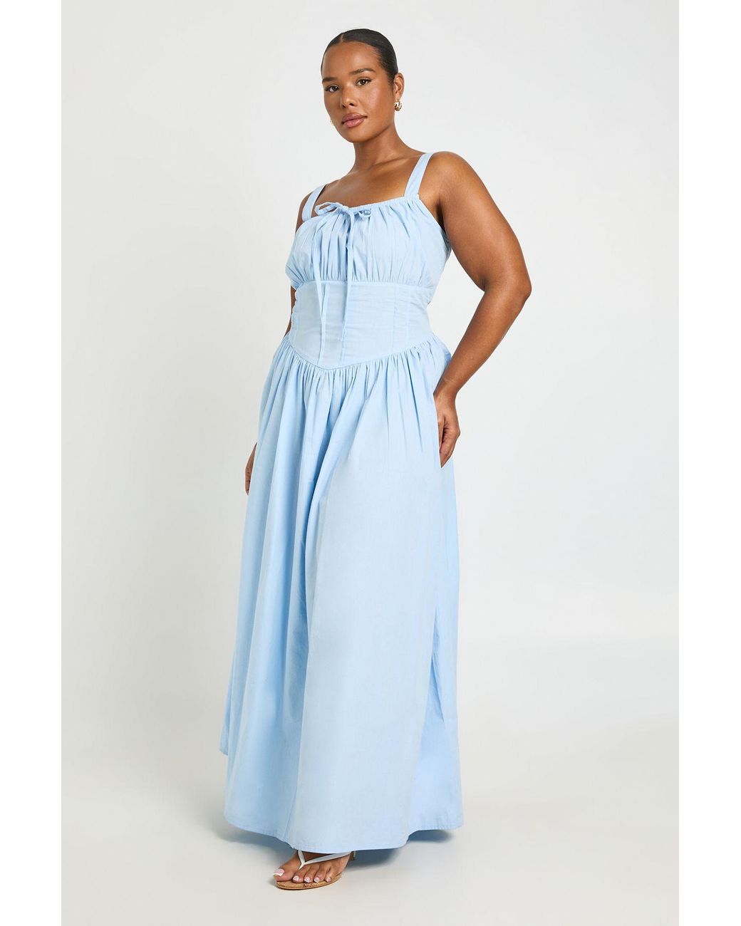 Boohoo Blue Plus Bodice Detail Tie Front Maxi Skater Dress