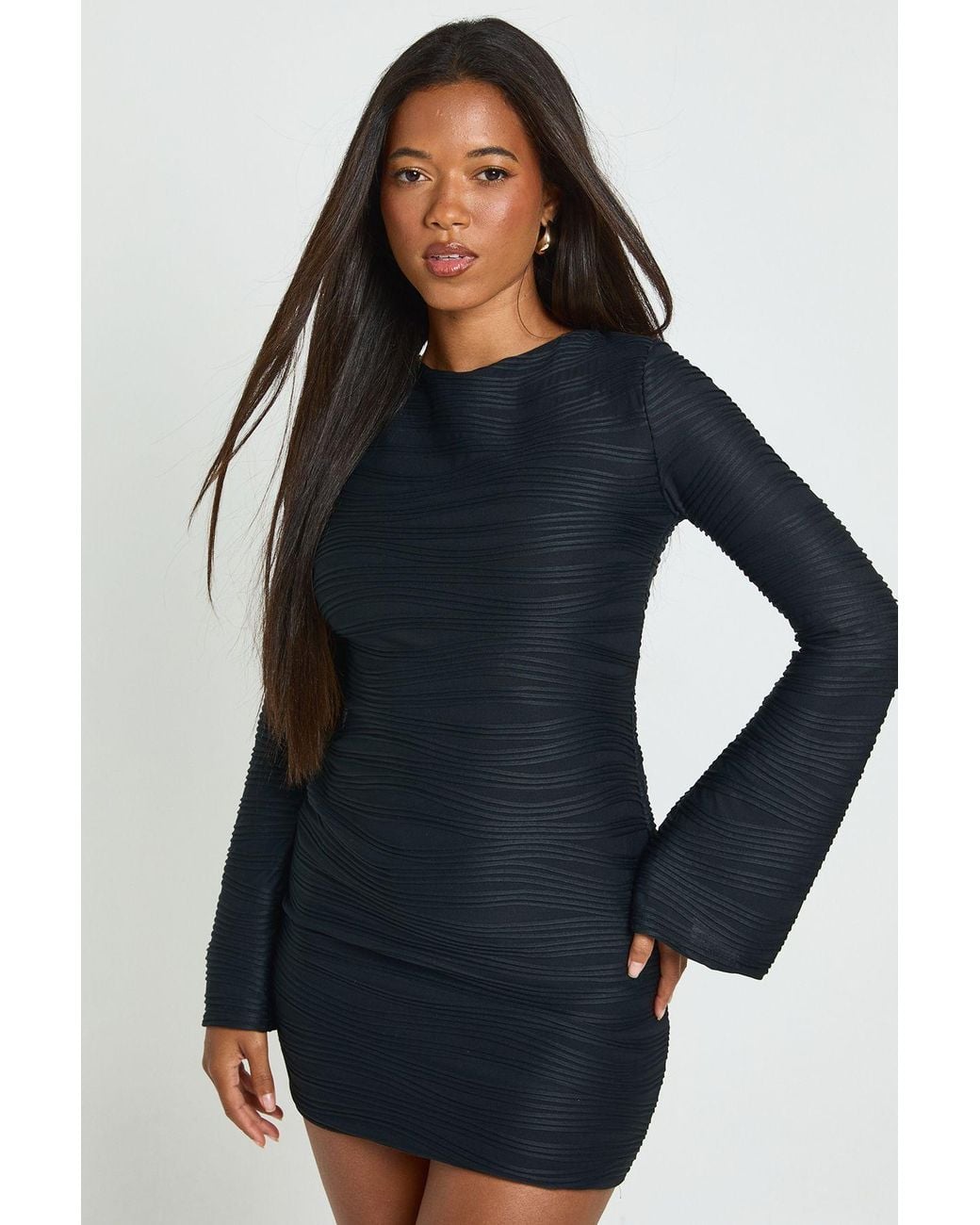Boohoo Blue Textured Flare Sleeve Mini Dress