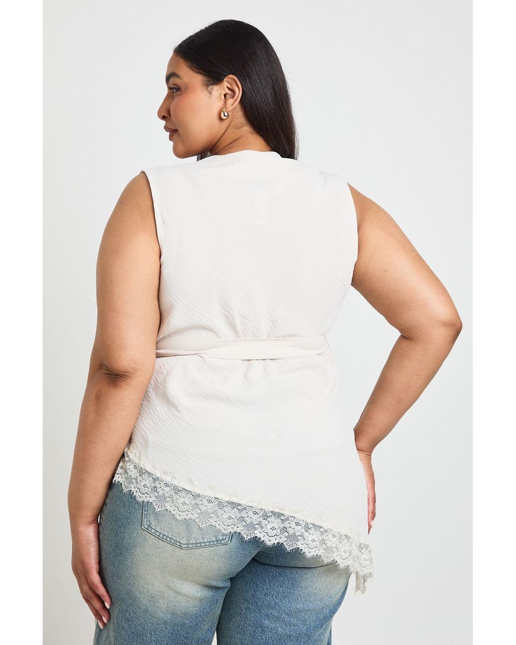 Boohoo White Plus Cowl Neck Tie Waist Lace Hem Asymmetric Top
