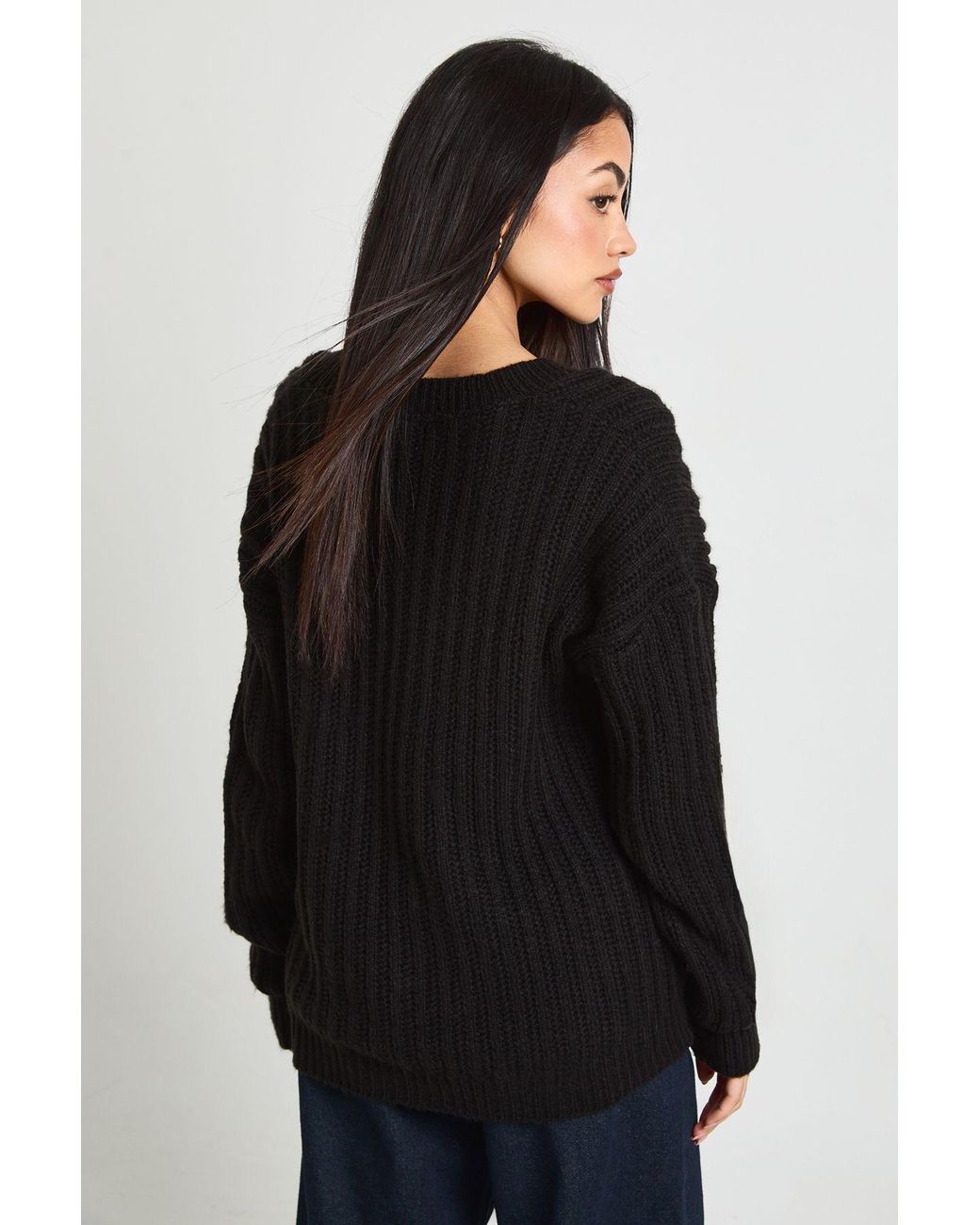 Boohoo Black Lace Insert V Neck Rib Knit Jumper