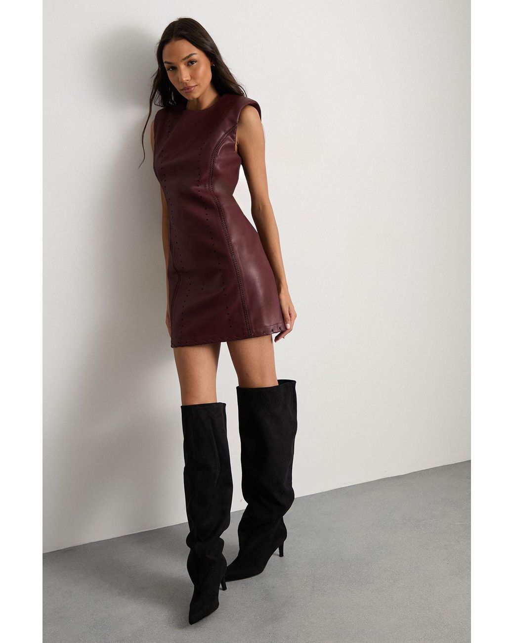 Warehouse Brown Faux Leather Whipstitch Detail Shift Mini Dress