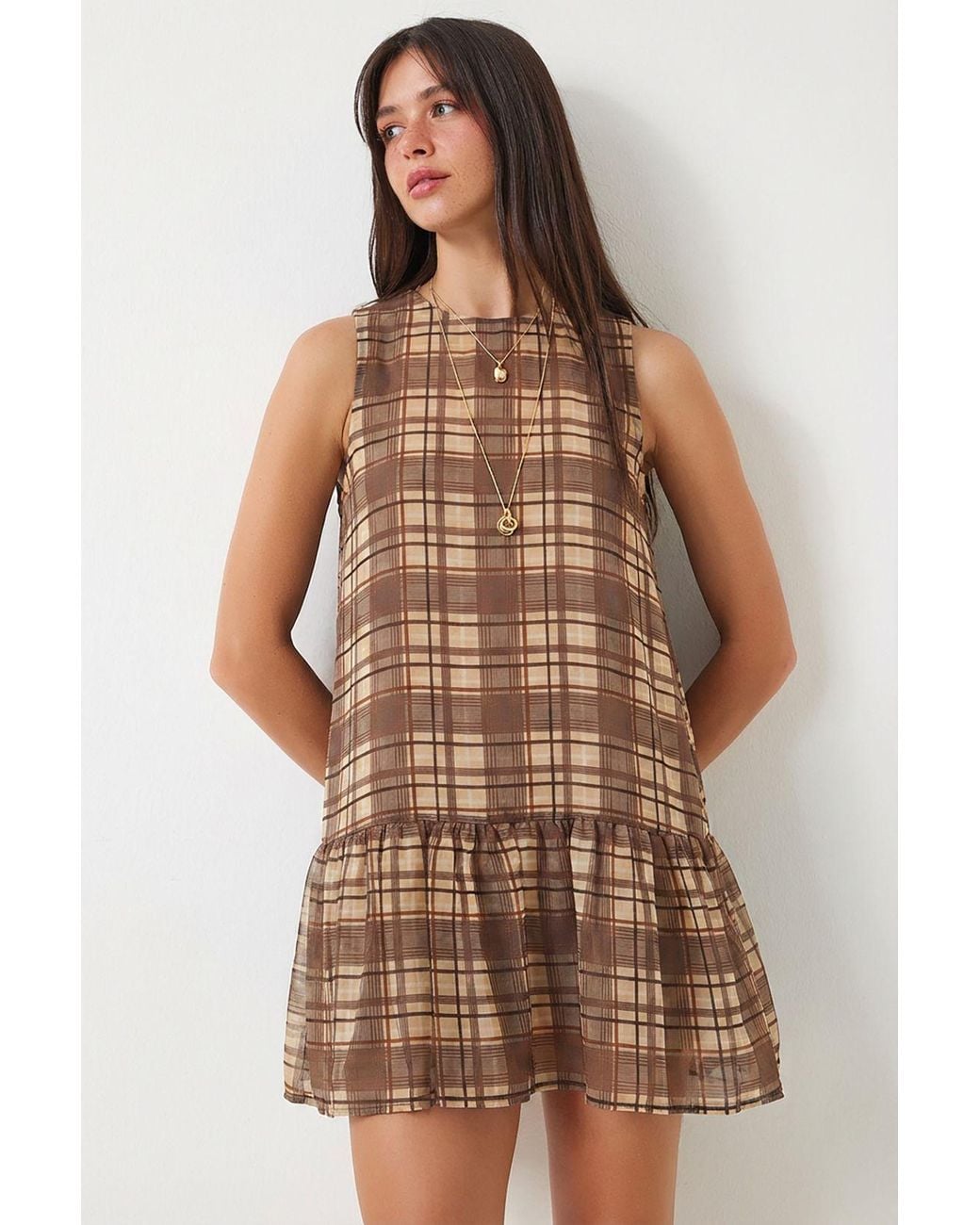 Happiness İstanbul Natural Frilly Plaid Mini Dress With Crew Neck