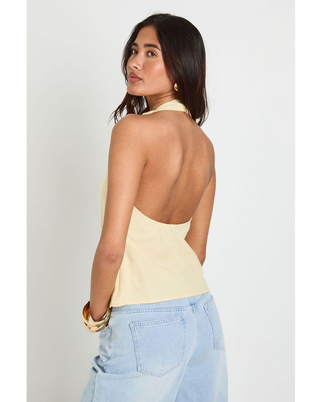 Boohoo Yellow Linen Look Cowl Neck Top