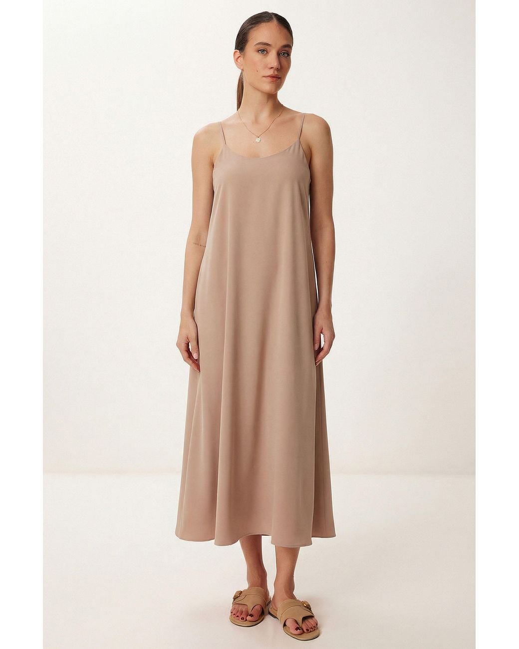 Happiness İstanbul Natural Loose Fit Midi Dress With U Collar