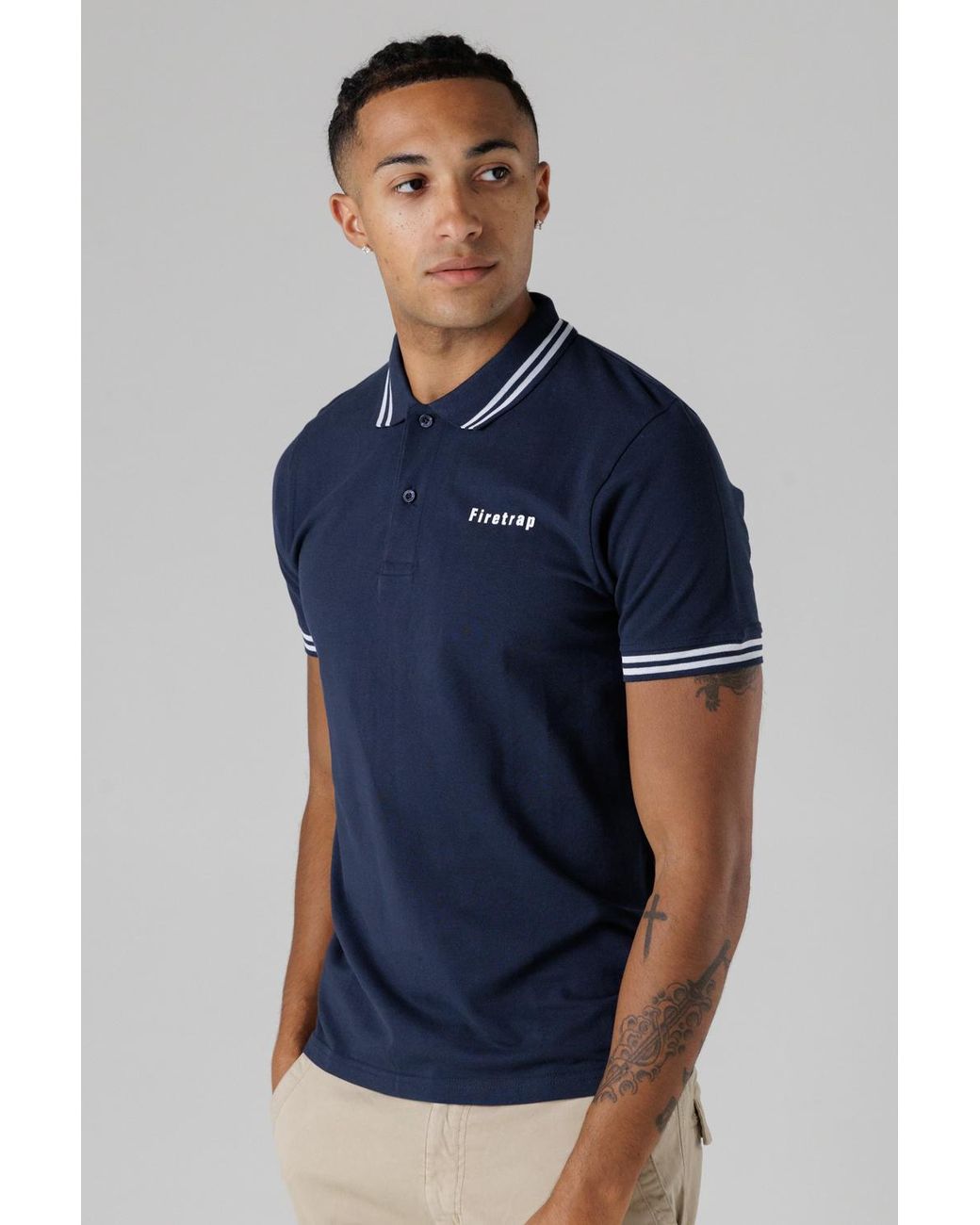 Firetrap Regular Fit Cotton Button Polo Shirt With Stripe Detail in ...