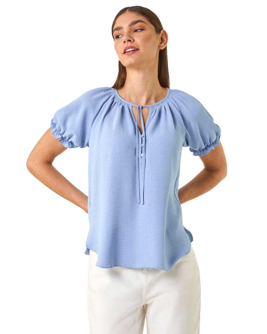 Roman Blue Shirred Tie Front Neck Top