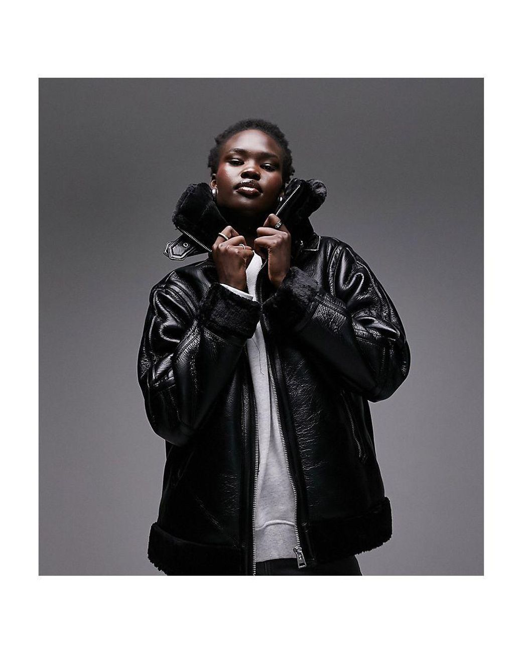 Black faux leather oversized aviator jacket hot sale