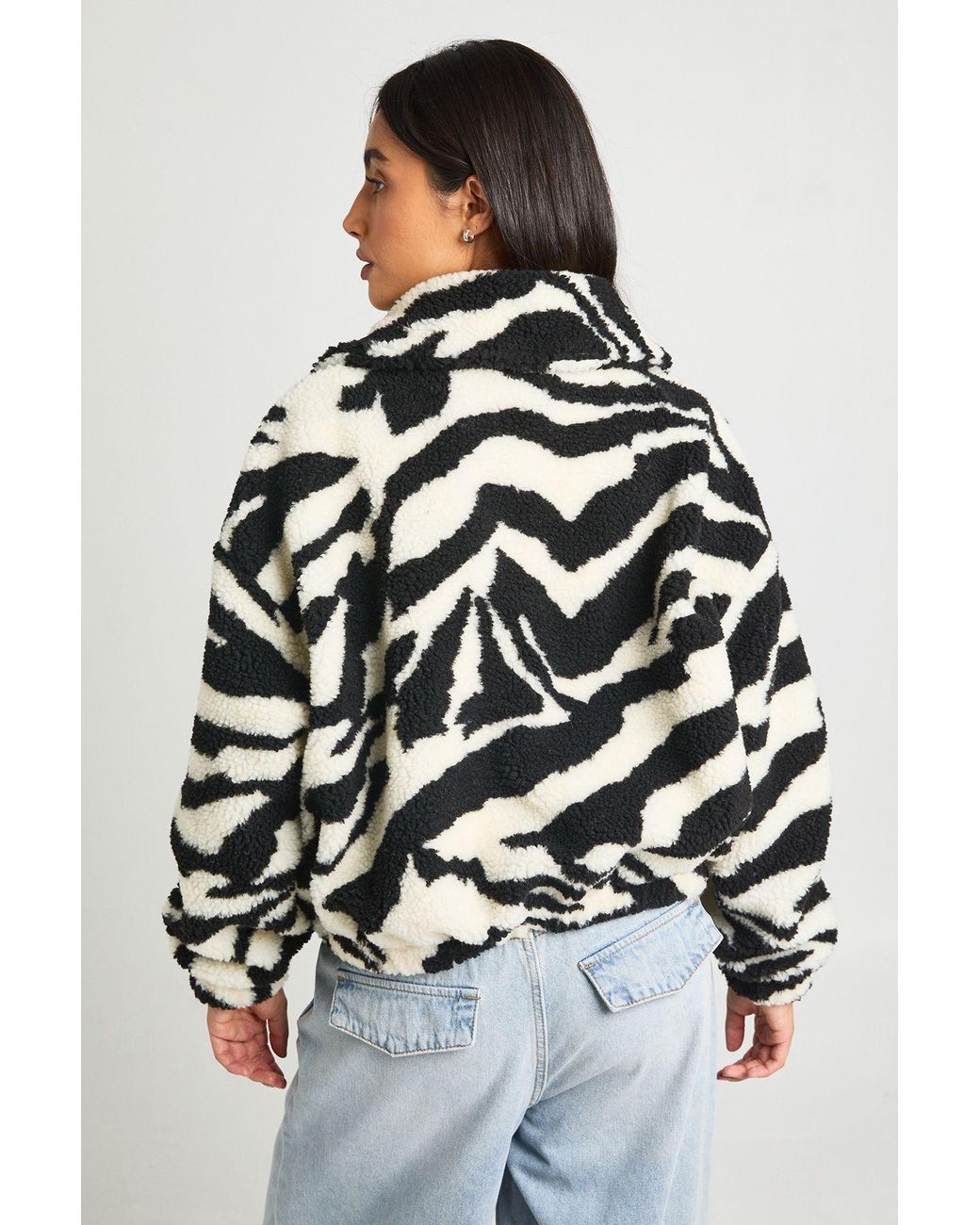 Boohoo Blue Zebra Funnel Neck Teddy Bomber Jacket