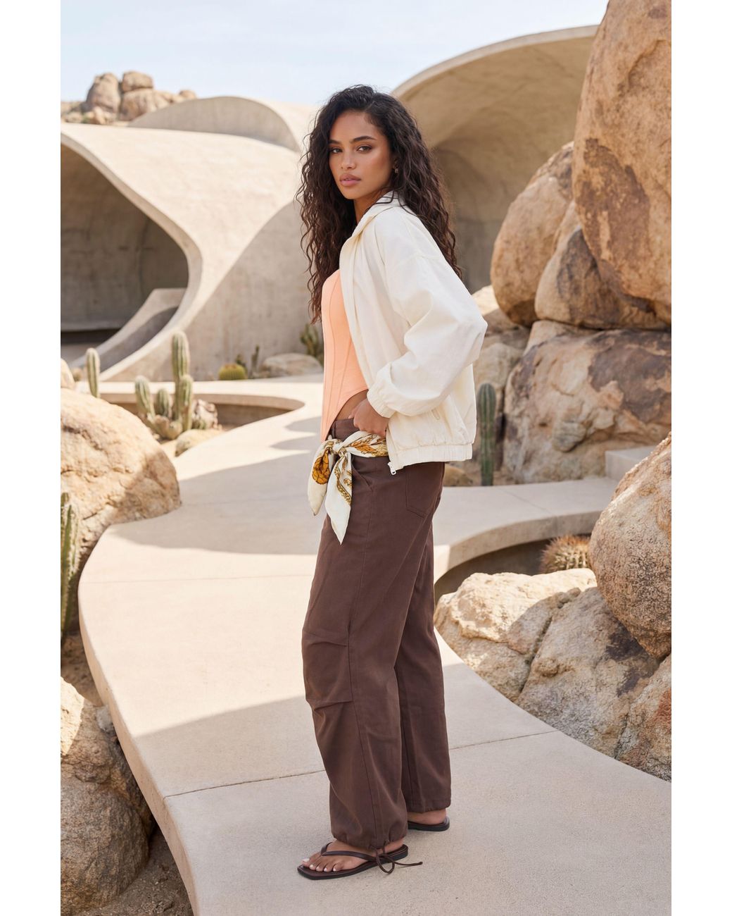 Boohoo Natural Seam Detail Drawstring Hem Twill Wide Leg Trousers