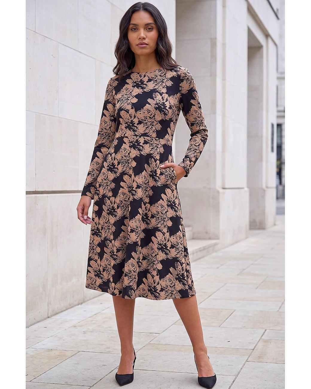 Roman Natural Floral Print Ponte Midi Dress