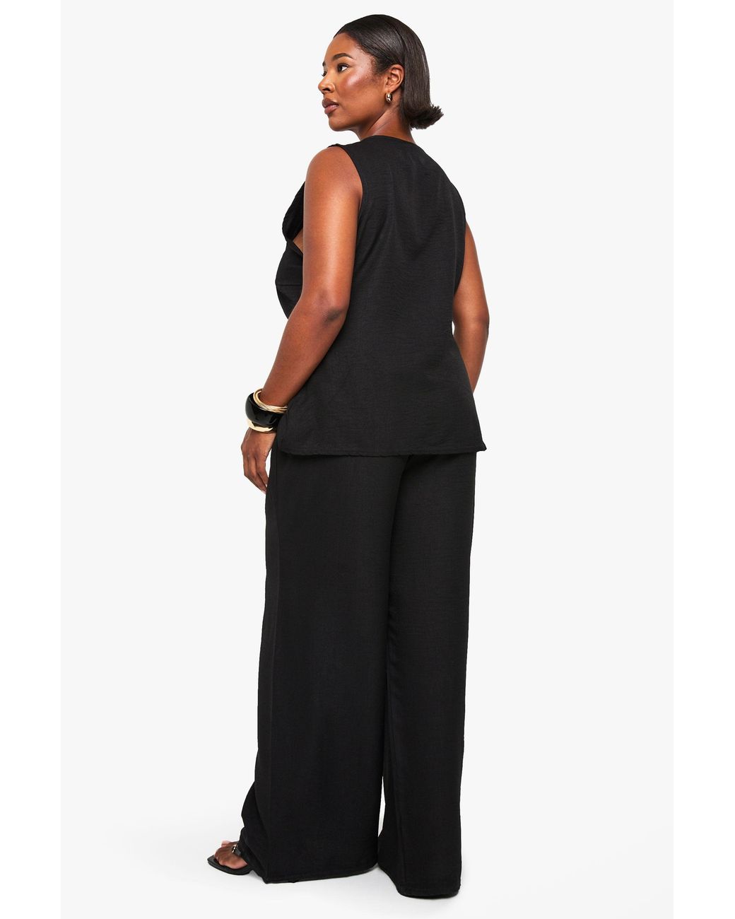 Boohoo Black Plus Linen Look Tie Front Top And Wide Leg Trouser Co-Ord