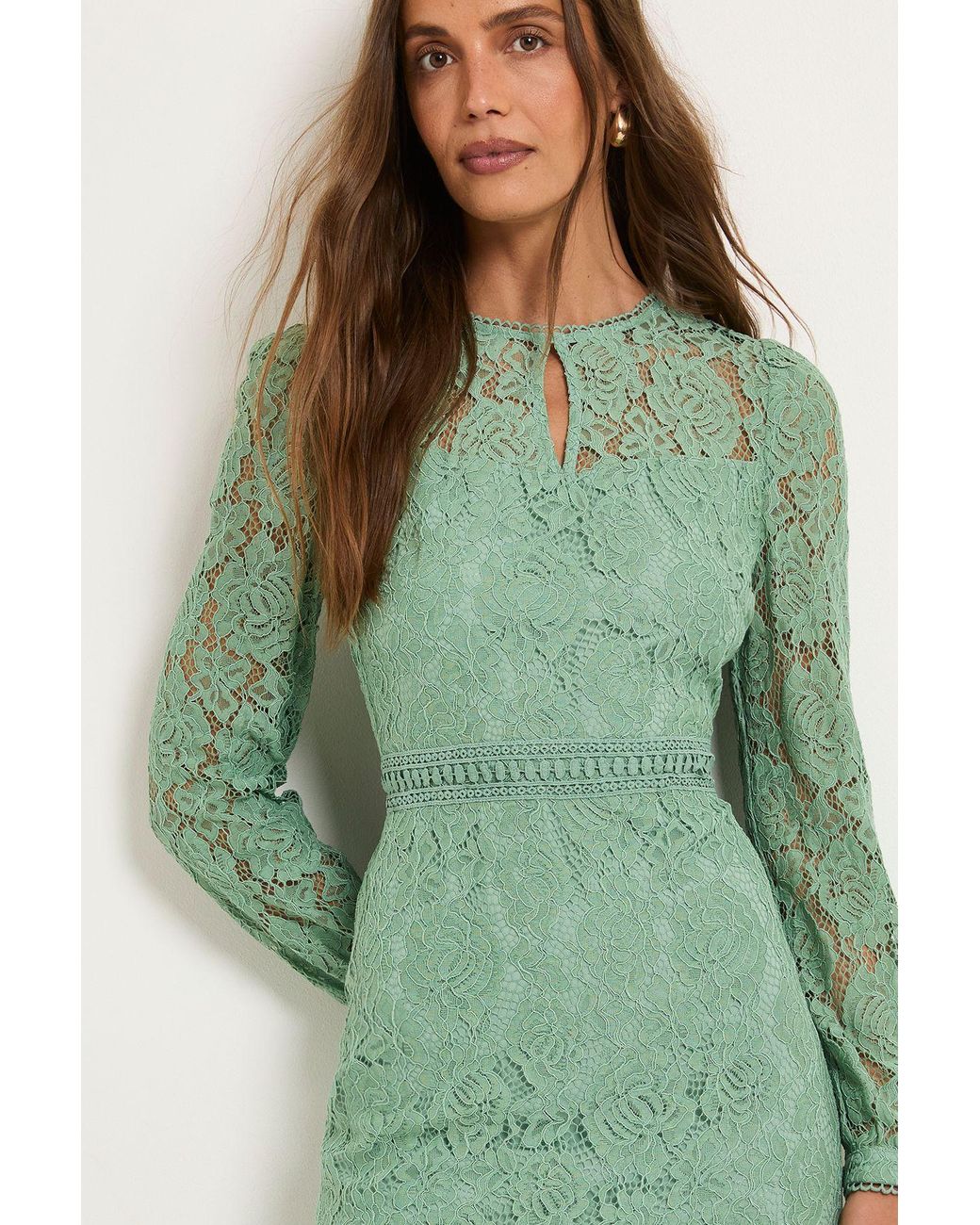 Wallis Green Lace High Neck Ruffle Midi Dress