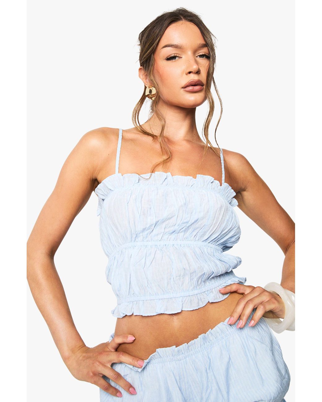 Boohoo White Textured Stripe Ruffle Cami