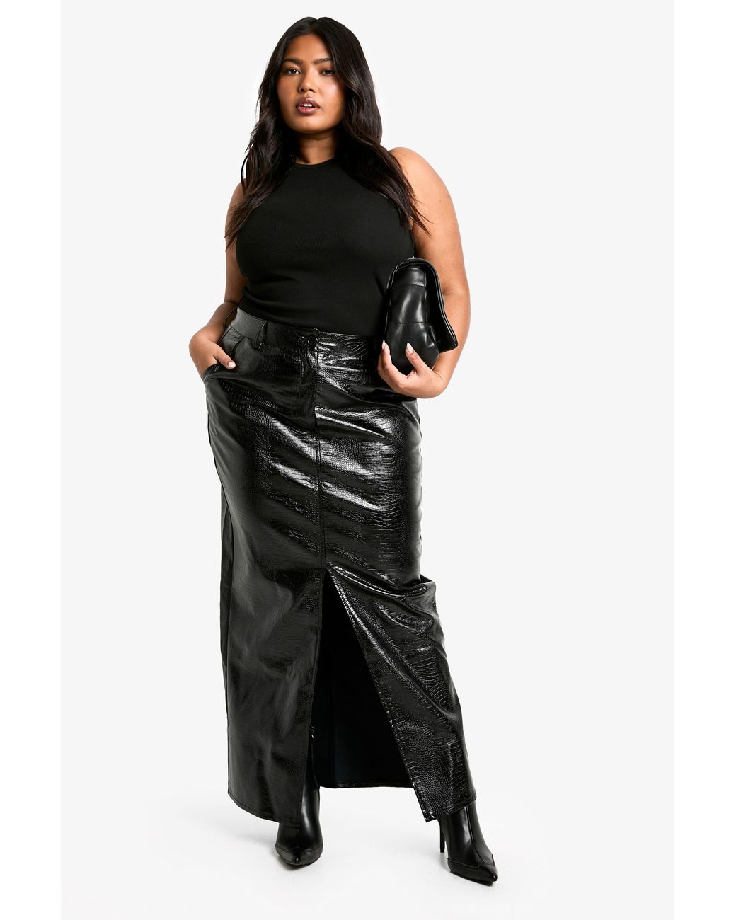 Boohoo Black Plus Croc Pu Split Front Maxi Skirt