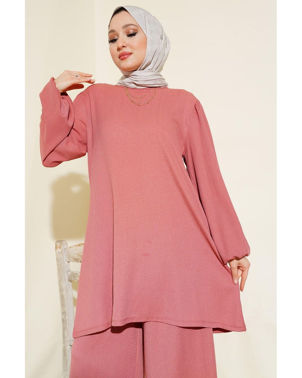 Bigdart Pink Textured Long Sleeve Tunic And Wide Leg Pants Set