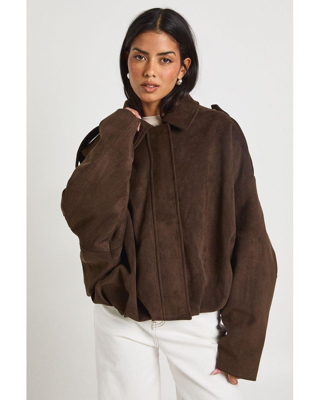 Boohoo Brown Suede Bubble Hem Bomber Jacket