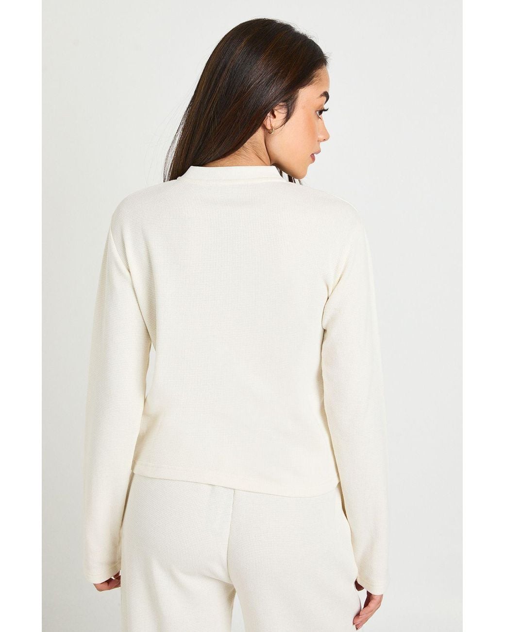 Boohoo Natural Waffle Henley Long Sleeve Top