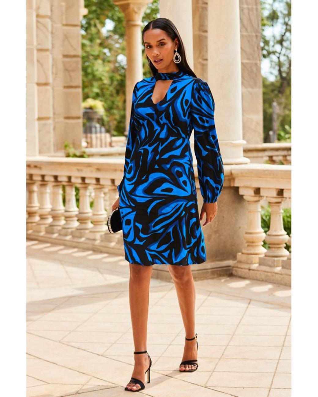 Sosandar Blue Butterfly Print Cut Out Neck Fit & Flare Dress