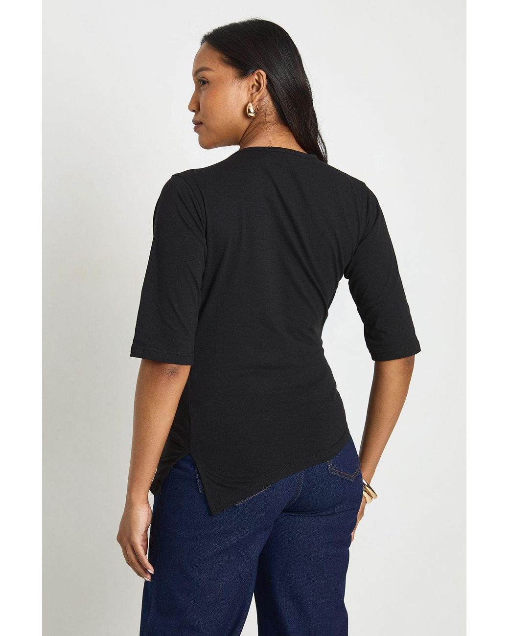 Boohoo Black Maternity Asymmetric Hem Cinched Waist 3/4 Sleeve T-Shirt
